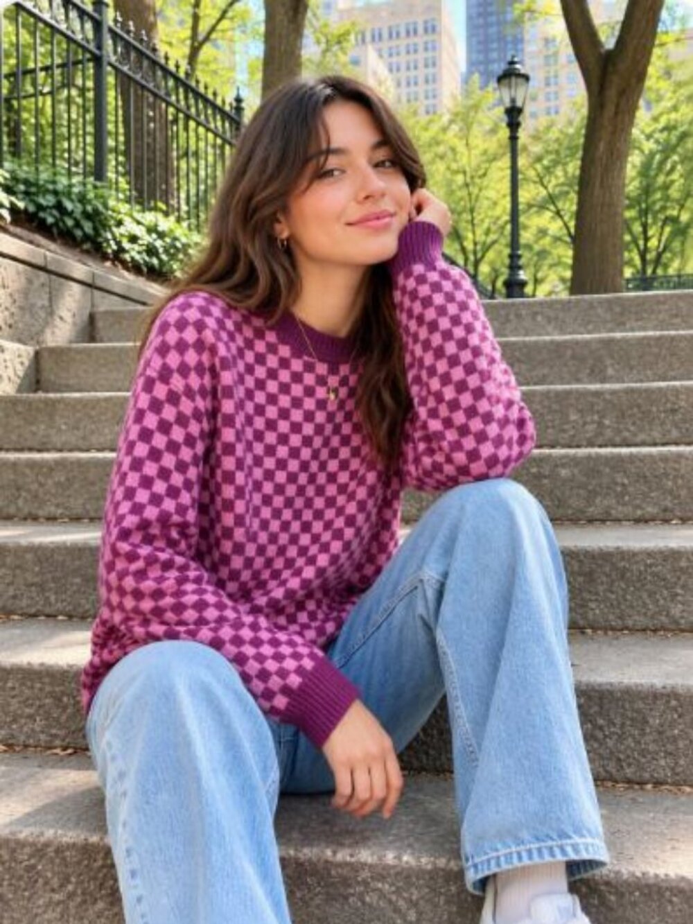 💕 VTG Style 80s FUTURE COLLECTIVE Pink Checkered Pullover Sweater XL ✨
